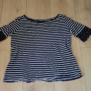 LOFT Navy and White Striped Blouse with Lace Sleeves